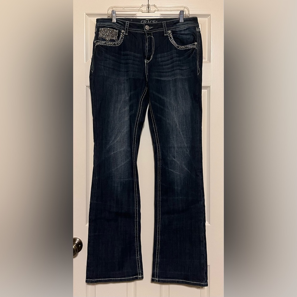 Grace in LA Dark Indigo Boot Cut Jeans with Tan & White Stitching - Picture 2 of 4